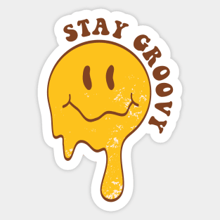 Groovy Melting Smile Face with lettering quote in 70s style. Drippy Smiley Face. Sticker